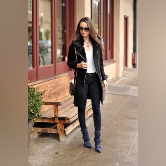 Vince Genuine Rabbit Fur Collar Lamb Leather Asymmetrical Wool Black Coat XS - Picture 16 of 16